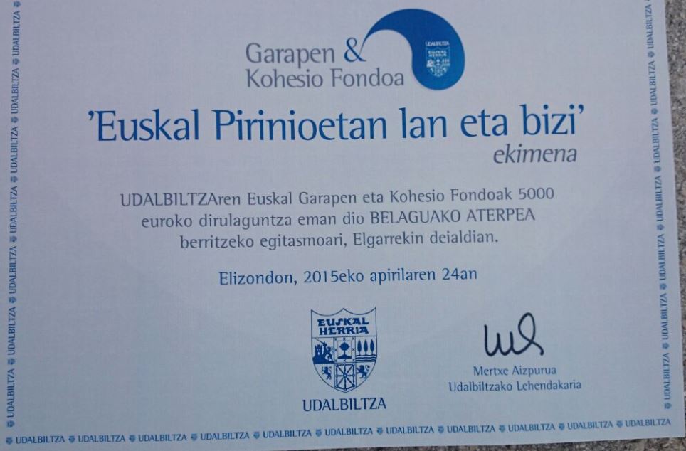 UDALBILTZA ENTREGA LA SUBVENCION CONCEDIDA AL PROYECTO "REHABILITACION DEL REFUGIO DE BELAGUA". // UDALBILTZAK "BELAGUAko ATERPE BERRIKUNTZA" EGITASMOAri  DIRU-LAGUNTZA ZIURAGIRIA EMAN ZION.